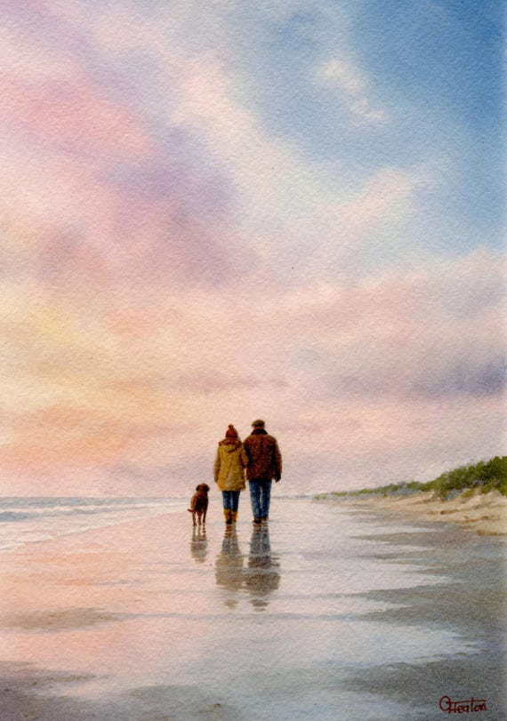 Original watercolour painting couple and Chocolate Labrador dog on beach, bevel mounted hand painted unique art to fit 12 x 10 inch frame,