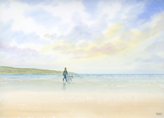 Original watercolour painting, 'Walks With My Pal' figure and Husky Dog walking on beach, 32 cm x 24 cm watercolor art gift, girl and dog