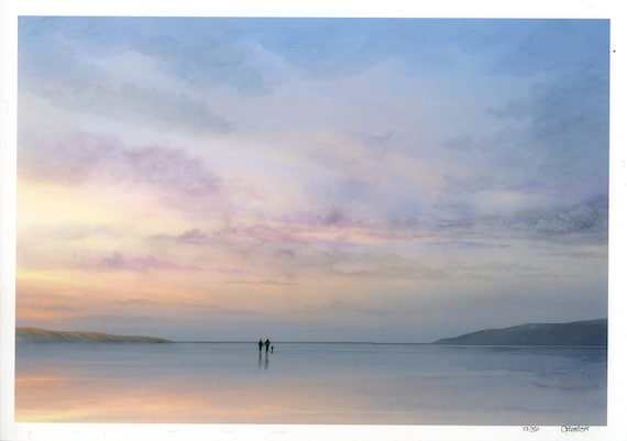 Limited edition print 'At The End Of The Day', couple and dog on sunset beach from an original watercolour painting, direct from UK artist