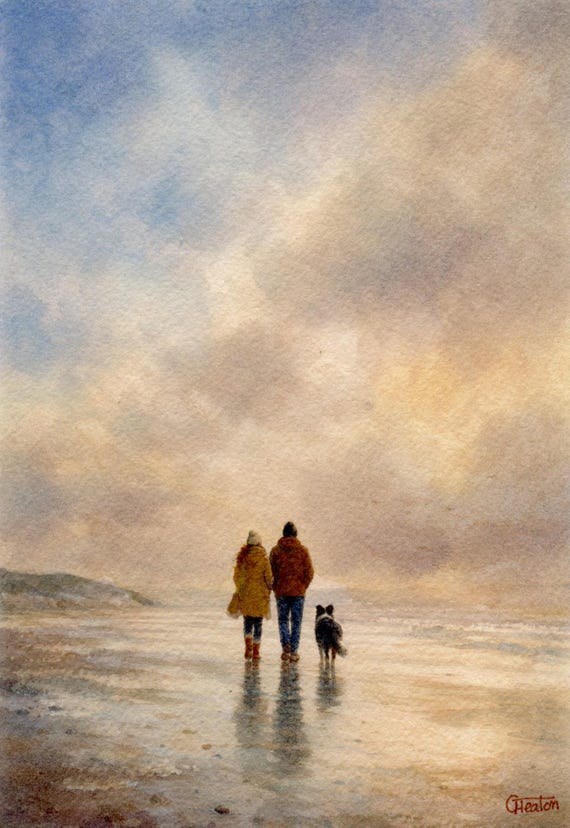 Original watercolour painting couple and Border Collie dog on beach, bevel mounted unique art to fit 12 x 10 inch frame ideal Christmas gift