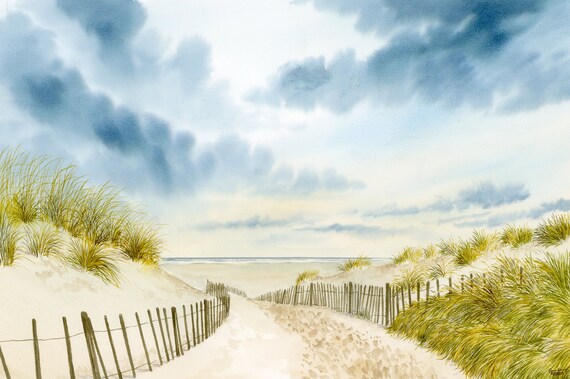 Original large 22" x 15" watercolour painting of Formby Beach, hand painted on 100% cotton watercolor paper, art direct from artist in UK