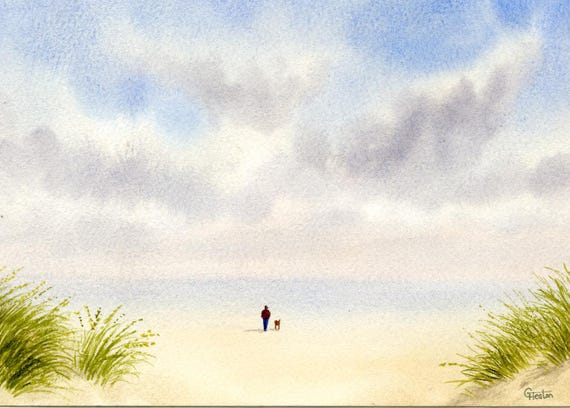 Original watercolour painting, figure & dog walking on Formby Beach, mounted hand painted unique art to fit 12 x 10 inch frame by G. Heaton