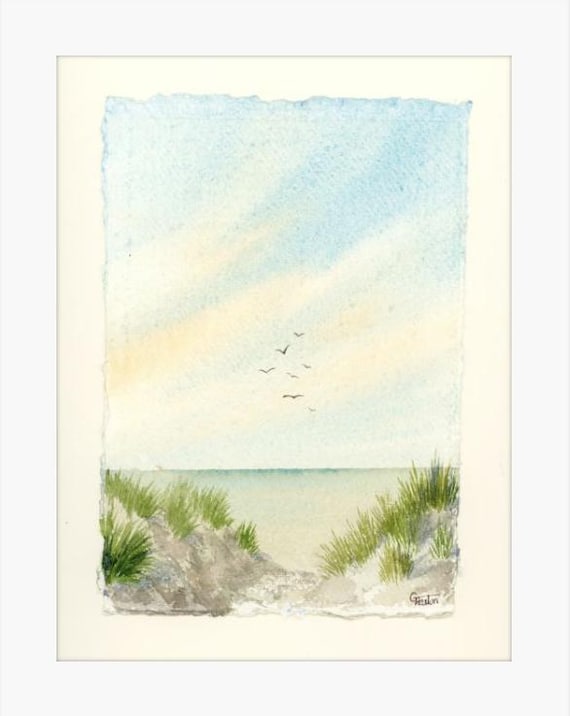 Original watercolour painting 'Sea Breeze' on handmade deckle edged paper, sand dunes mounted to fit 12 x 10 inch frame by G. Heaton