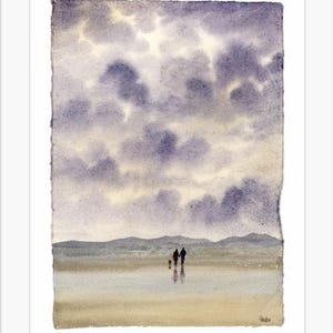 Dipinto originale ad acquerello su carta fatta a mano con bordi frastagliati, coppia e cane sulla spiaggia di Anglesey, montato su cornice da 16 x 12 pollici di G. Heaton