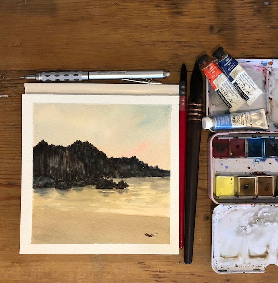 Barricane Beach, Woolacombe Devon. Square small original watercolour sunset beach painting, lovely gift direct from the artist in England UK