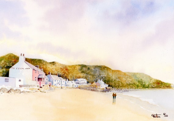 Ty Coch, Porthdinllaen, Hand finished and personalised very limited edition print on watercolour paper, couple on beach, Morfa Nefyn beach