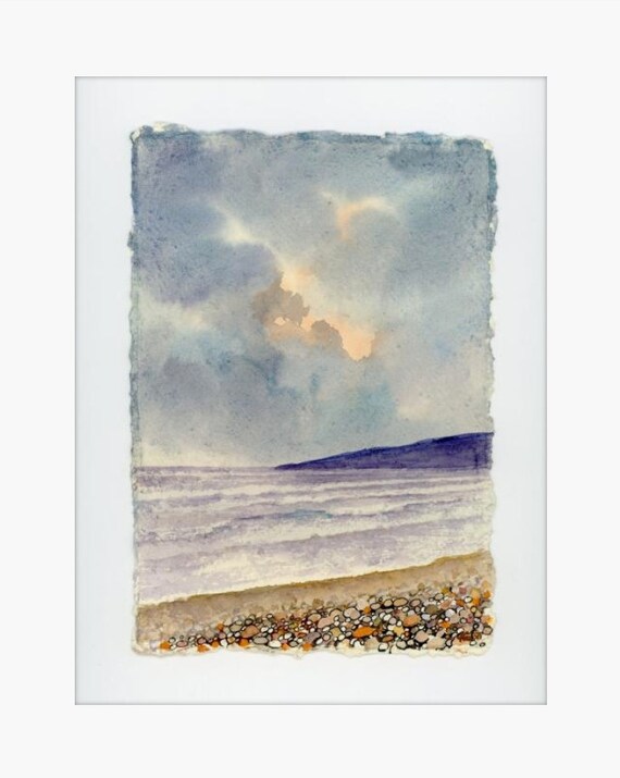 Original 12" x 10" mounted deckled edged watercolour Pembrokeshire beach painting on handmade paper. Freshwater West Beach, Art gift from UK