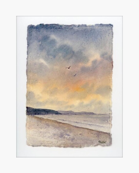 Original 12" x 10" mounted deckled edged watercolour Pembrokeshire beach painting on handmade paper. Freshwater East Beach, Art gift from UK