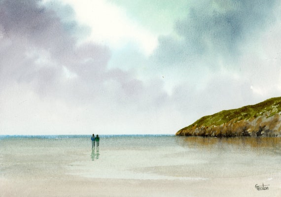Original small watercolour beach painting, original romantic art, couple on beach in Wales, unique gift for Valentine's Day or anniversary