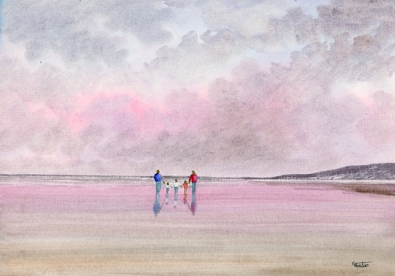 Original watercolour painting, 'Hand In Hand' couple and 3 children on beach, A4 size 297mm x 214mm watercolor unique gift Dad, Mum, Kids