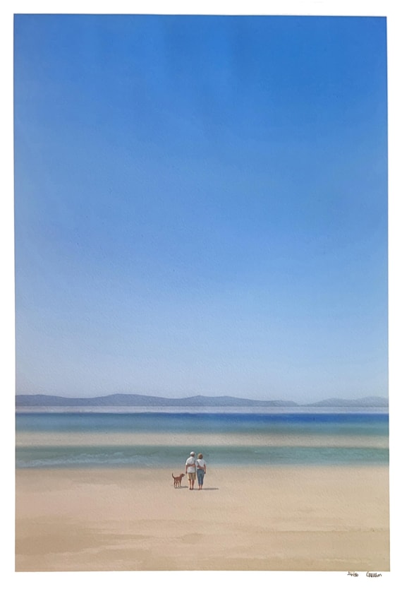 A3 Couple and dog hand finished very Limited edition prints, 'Walking On Sunshine' mounted 20" x 16", Llanddwyn, Anglesey, personalised art