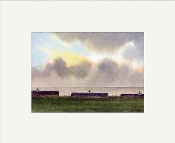 Original watercolour painting, 'Sunset Over The Rooftops' at Nature's Point, mounted unique art to fit 12 x 10 inch frame, Nature's Point