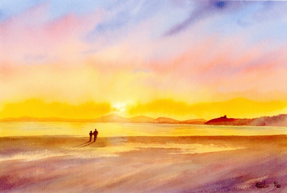 Black Rock Sands Beach, Hand finished and hand painted couple on very limited edition print 'Sunset Over Criccieth' art on watercolour paper