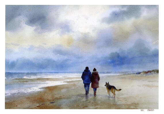 Limited edition print 'Stormy Afternoon Walk', mounted 14" x 11" or 20" x 16", couple and German Shepherd dog, from watercolour painting,