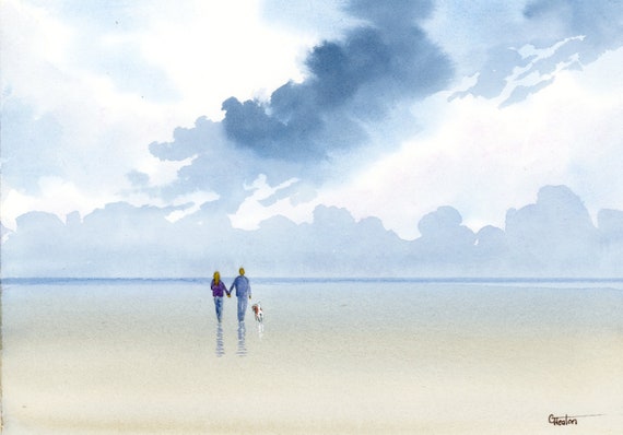 Original small watercolour beach painting, couple and Beagle dog on stormy beach. Original watercolor art, Wedding or anniversary gift