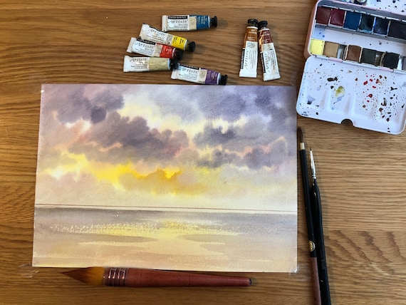 Ready to finish original A4 size watercolour painting, personalised for a bespoke finish, sunset beach, figures to be added, unique art gift