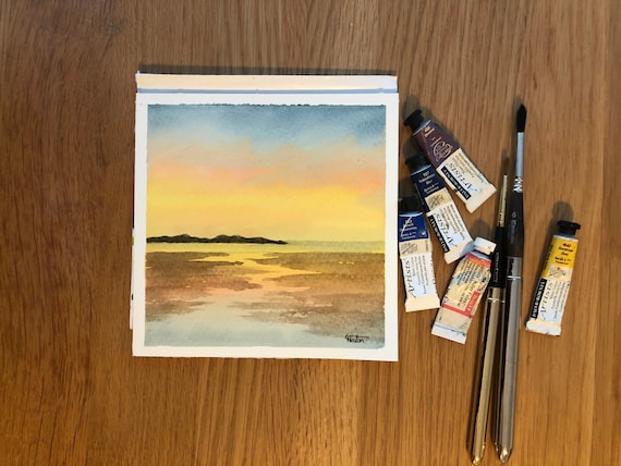 Rhosneiger, Anglesey original small square watercolour sunset beach painting, Wales. Affordable hand painted delicate watercolor gift, UK