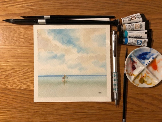 Square small original watercolour painting, Mother and children on beach. Lovely, unique Mother's Day gift direct from the artist in UK