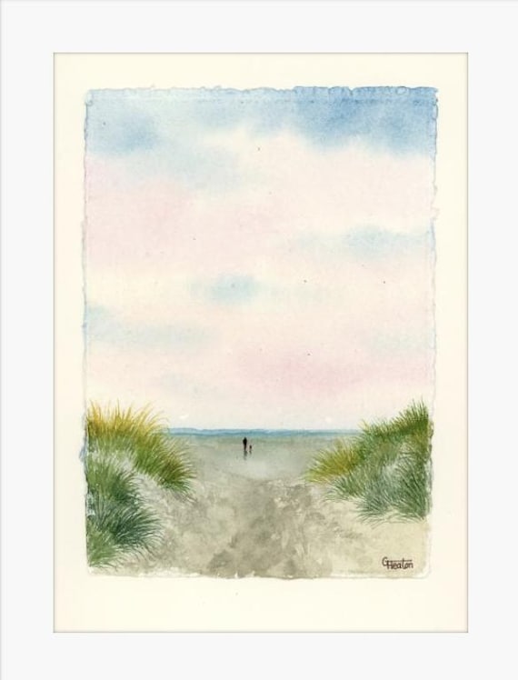 Figure and dog on beach, Original watercolour painting on handmade deckle edged paper, mounted to fit 12 x 10 inch frame by G. Heaton