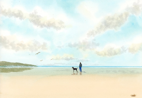 Original watercolour painting, man and Rottweiler dog on beach, A4 size watercolor, original Rottie art gift from the artist, England UK