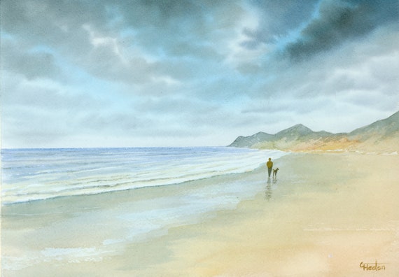 Original watercolour painting, Traeth Nefyn, figure and dog on beach, 210 x 297 mm (11.7" x 8.3") watercolor, art gift, Morfa Nefyn Wales