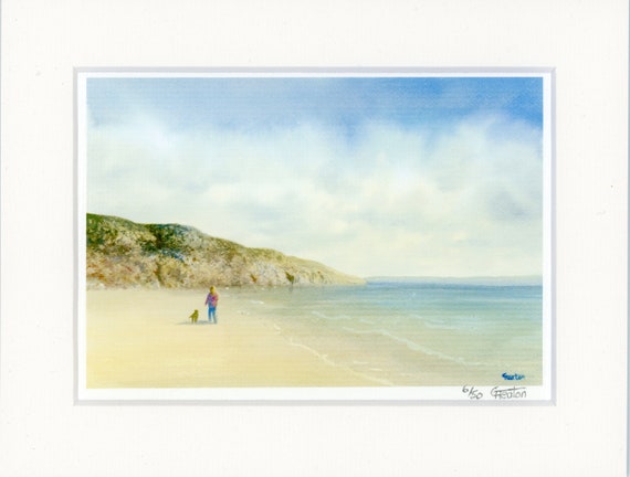Mounted 9" x 7" Limited Edition Print on watercolour paper, figure and dog on Barafundle beach Pembrokeshire Wales from an original painting
