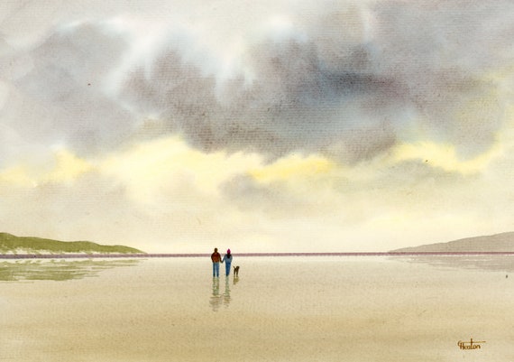 Original watercolour painting, 'September Skies' couple and dog on beach, A4 size watercolor, original art gift from the artist England UK.