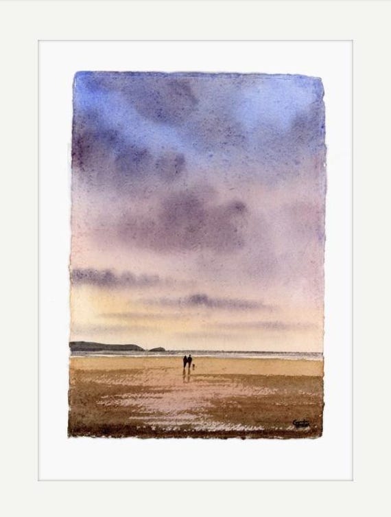 Fistral Beach, Newquay, Original watercolour painting on handmade paper, couple and Dog on sunset beach, mounted 16" x 12" art, Cornwall