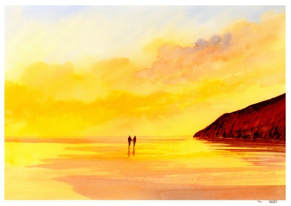 New for 2021 hand painted couple on sunset beach, hand finished very limited edition print on watercolour paper, Pendine Sunset, Wales art