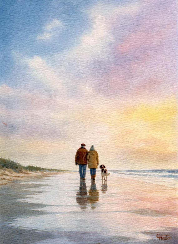 Original watercolour painting couple and Springer Spaniel dog on beach, bevel mounted hand painted unique art to fit 12 x 10 inch frame,