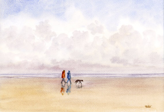 Original watercolour painting, figures and Border Collie dog on beach, A4 size watercolor, original art gift from the artist in England UK,