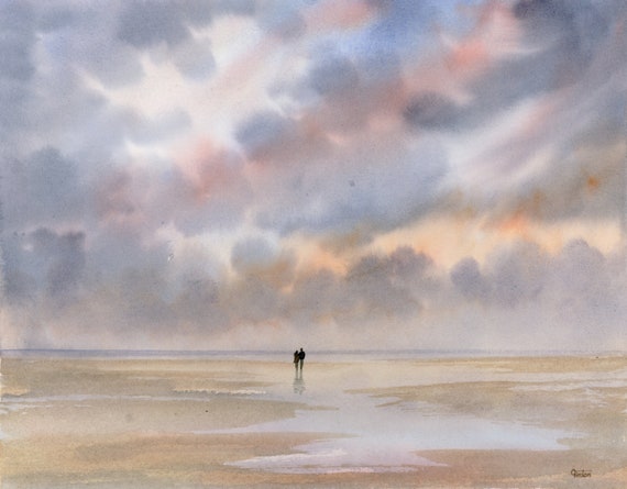 Original romantic watercolour painting couple on beach, painted on Arches 100% cotton 31cm x 23cm paper, watercolor art direct UK