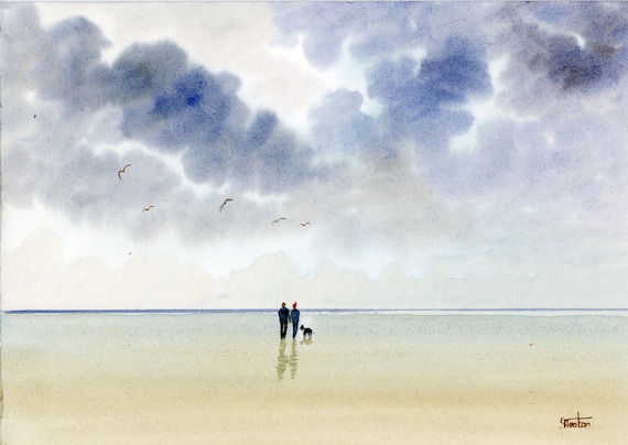 Original watercolour painting, couple and dog on stormy beach A4 size watercolor, original art gift direct from the artist in England UK