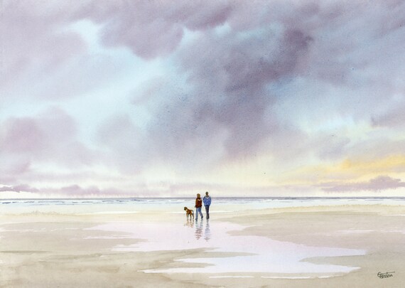 Original watercolour painting, Couple and Boxer dog on stormy beach, A4 size watercolor art direct from the artist in England, UK.
