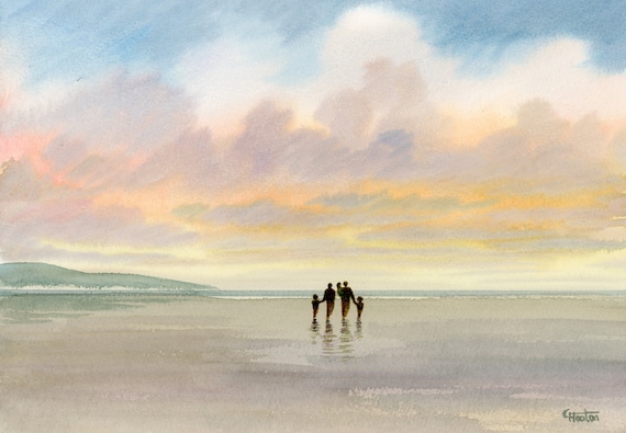 Original watercolour painting, 'Our Family' couple and 3 children on beach, A4 size 297mm x 214mm (11.5" x 8.25") watercolor unique gift Dad