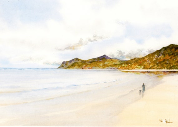 Morfa Nefyn Beach, Hand finished and personalised very limited edition print on watercolour paper, figure and dog on Nefyn beach art gift
