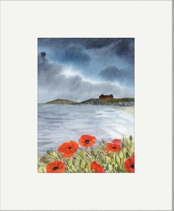 Original watercolour painting, Poppies on Fistral Beach, Cornwall bevel mounted hand painted unique art to fit 12 x 10 inch frame, Poppy