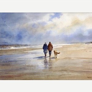 Original watercolour painting 'Golden Days' , couple and Golden Retriever dog on beach, A3 size art on 100% cotton Arches paper by G Heaton image 3