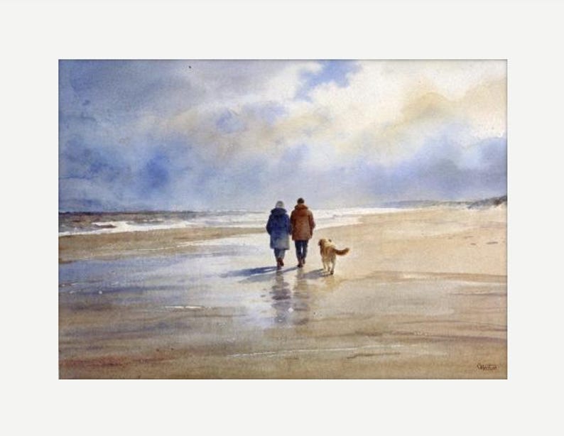 Original watercolour painting 'Golden Days' , couple and Golden Retriever dog on beach, A3 size art on 100% cotton Arches paper by G Heaton image 3