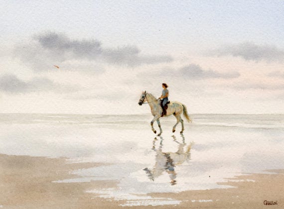 Original watercolour painting, horse rider on beach, bevel mounted hand painted unique equestrian art to fit 12 x 10 inch frame by G. Heaton
