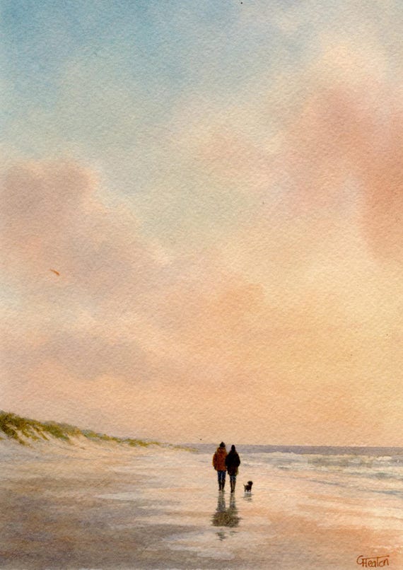 Original watercolour painting couple and Dachshund dog on beach, bevel mounted hand painted unique art to fit 12 x 10 inch frame,
