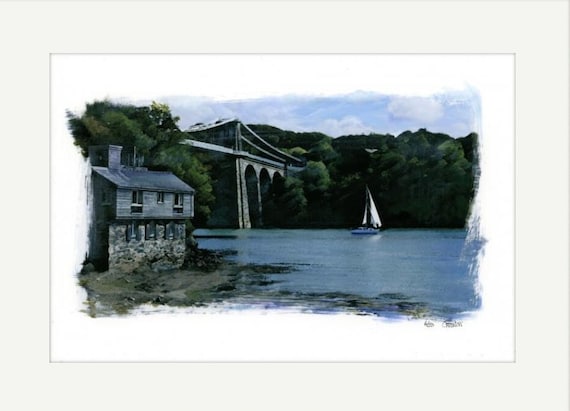 Menai Bridge, Mounted 20" x 16" very limited edition print, from an original painting 'Menai Sail' Anglesey Ynys Mon sailing Menai Strait