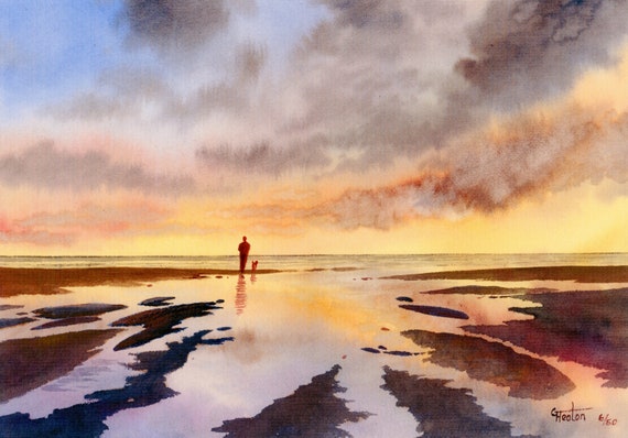 Hand finished and personalised very limited edition on watercolour paper, sunset beach painting finished by hand, each one unique. A4 size