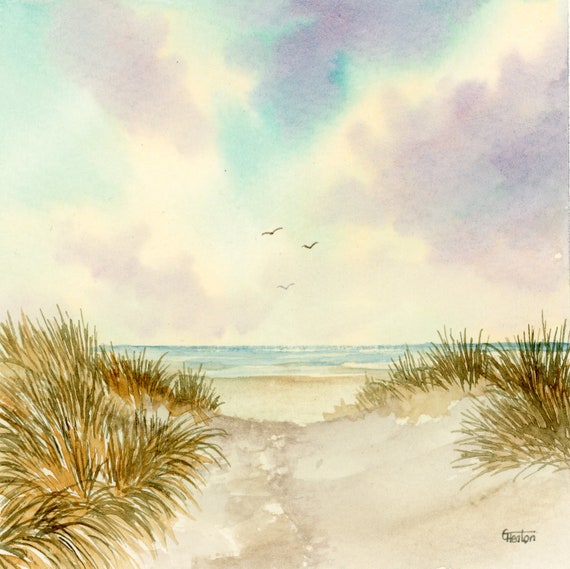 Square small original watercolour painting, Crosby beach. Lovely, peaceful and unique watercolor art gift direct from the artist, England