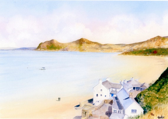 Morfa Nefyn Beach, Hand finished and personalised very limited edition print on watercolour paper, distant figures on beach hand painted