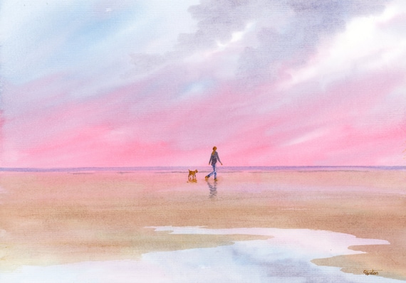 Original watercolour painting, 'A Perfect Morning' girl walking dog on beach, A4 size 297mm x 214mm watercolor unique gift direct from UK