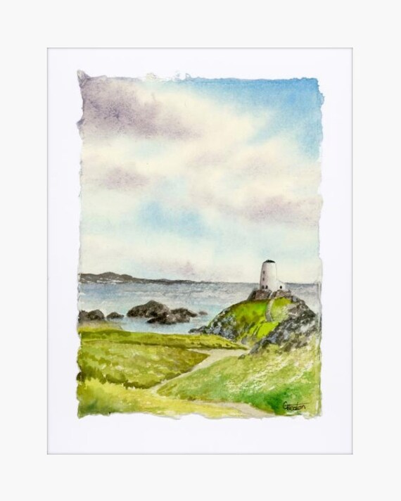Original deckled edged watercolour beach painting 'Twr Mawr'  Llanddwyn Island Lighthouse' on handmade paper 12" x 10" mounted, Anglesey art