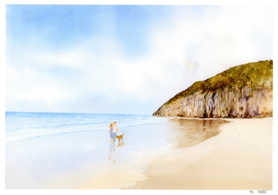 New for 2021 hand painted couple and dog on beach 'Pendine Sands', hand finished very limited edition print on watercolour paper
