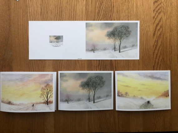Pack of 10 Art Christmas cards direct from the artist. Quality cards for sending or framing. Snow scenes, people, dogs, child, sunset