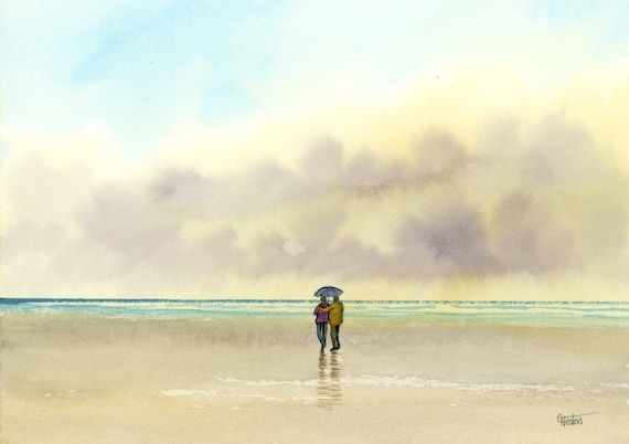 Original small watercolour beach painting 'Under My Umbrella' romantic art, couple on beach, unique gift engagement, wedding, anniversary